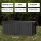 150 Gallon Outdoor Storage Box Patio Deck Box Waterproof, Resin Lockable Outside Large Storage Bin for Pool Cushion Furniture, Garden Tools UV-Resistant, Black