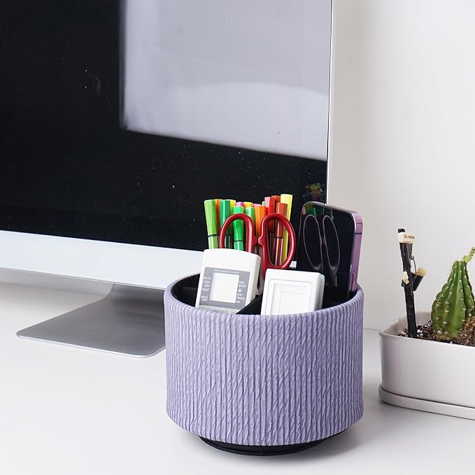 Hennaja Round Leather Art Supply Organizer,Remote Control Holder,360 Degree Spinning,Multi-Functional Pencil Holder,4 Compartments Desktop Stationary Organizer(1-Vertical Wood Purple)