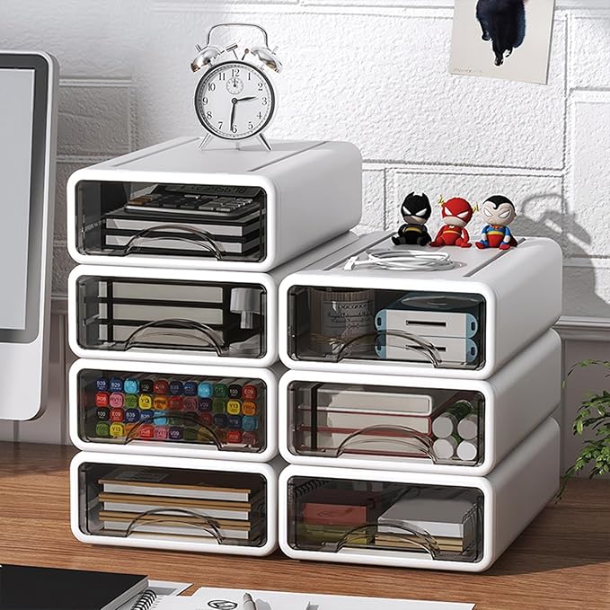Desk Organizer with Drawers, Stackable Storage Drawers with Compartments Desktop Organization for Office Supplies, Makeup, Pencils, Tape, Erasers, Paperclips, Chargers (4 Pack White)