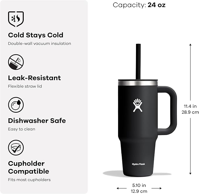 Hydro Flask Travel Tumbler with Handle, Lid and Straw - Insulated Stainless Steel in 24 Oz Tonal Agave