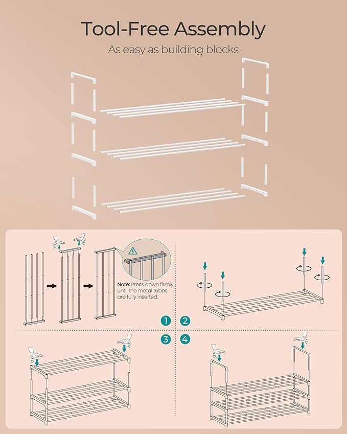 SONGMICS Shoe Rack, 3-Tier Shoe Organizer, Metal Storage Shelf, Upright or Upside Down, for 16-20 Pairs, Stackable, for Entryway, 11.8 x 36.2 x 21.7 Inches, Pearl White ULSA303W03