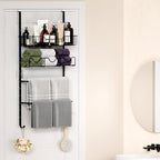 4 Tiers Towel Racks for Bathroom Door, Adjustable Bathroom Towel Holder with Storage Basket, Towel Storage for Bathroom Over The Door Towel Bar for Bathroom