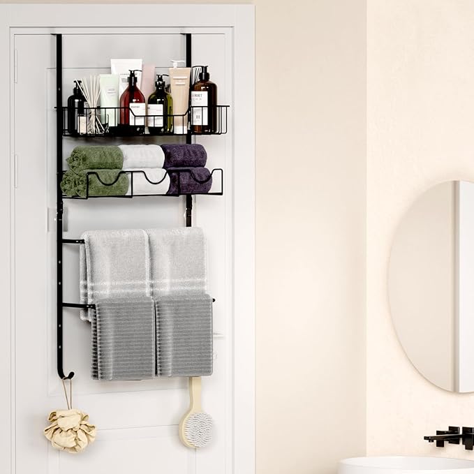 4 Tiers Towel Racks for Bathroom Door, Adjustable Bathroom Towel Holder with Storage Basket, Towel Storage for Bathroom Over The Door Towel Bar for Bathroom