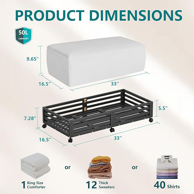 Wisuce Bamboo Under Bed Storage Containers- Underbed Organizer with Wheels with Large Dust Bag,Sturdy Wood Rolling Under the Bed Shoe Storage Organizer Drawer 2 Packs (Black, Long)