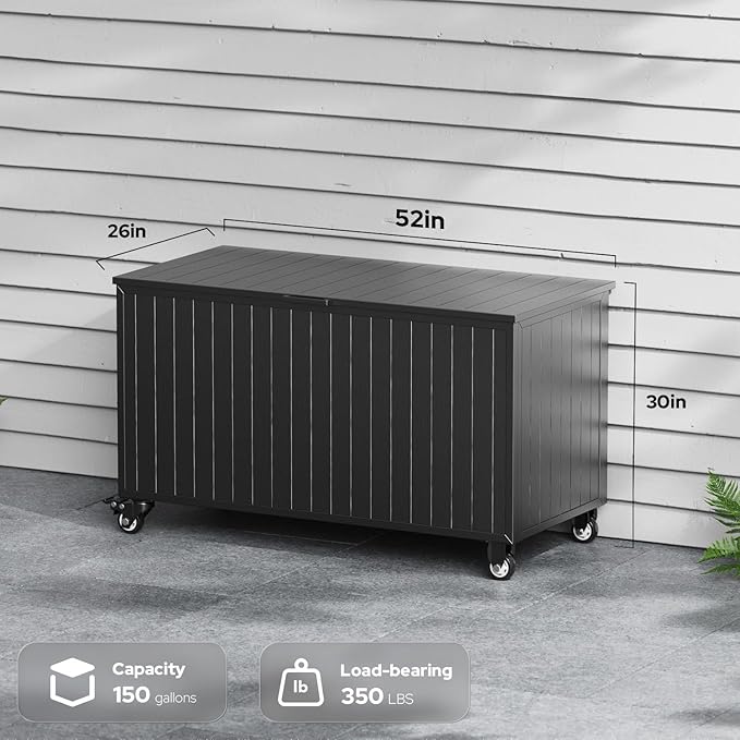 Outdoor Storage Box with Wheels 150 Gallon, Metal Deck Boxes Waterproof, UV Resistant Patio Storage Box with Lid for Patio Furniture, Garden Tools (Black)