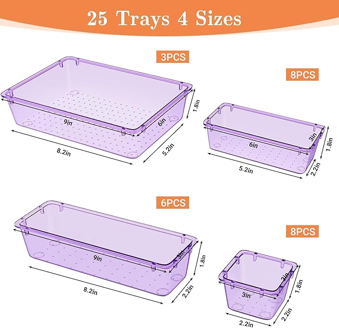 25 PCS Plastic Drawer Organizer Set, 4-Size Versatile Organizer Trays & storage Bins for Makeup, Jewelry, and Gadgets in Bathroom, Bedroom and Office,Clear Purple