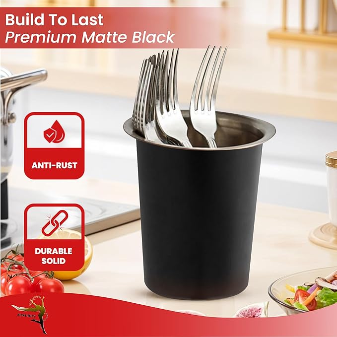Stainless Steel Solid Flatware Utensils Holder, Caddy, Crock, Cylinder Cutlery Organizer for Kitchen Countertop (Matte Black)