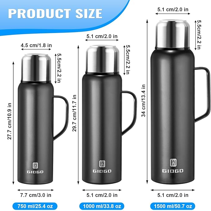 Insulated Vacuum Thermo Bottle 1500ml/50.7oz with Cup Stainless Steel Coffee Bottles for Hot and Cold Drink Water Flask.(Black, with Handle, 1500ml)