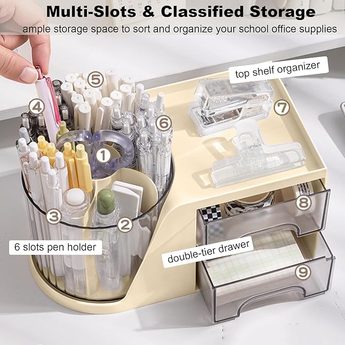 Marte Vanci 360° Rotating Desk Organizer with 2 Drawer, Desktop Rotating Pen Holder with 6 Slots, Small Makeup Organizer, Multifunctional Desk Accessories for Office, Home(Beige)