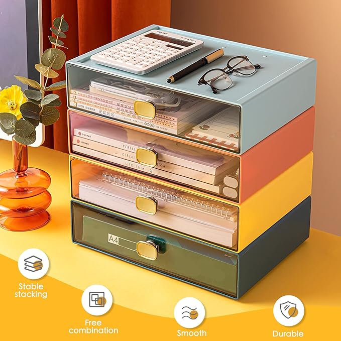 2PACK Stackable Desk Organizer Drawer 6.5"x9"x3" Desk Storage Drawer for Office Clear Plastic Organizer with Drawer for Stationery Cosmetic, Pen, Jewelry, Lipsticks (Yellow, M-2 Drawer)