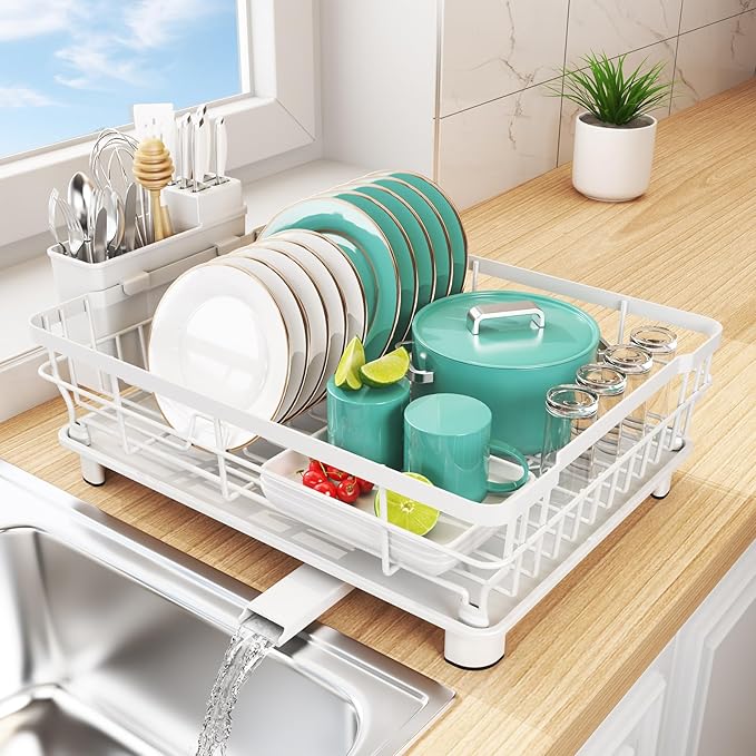 Dish Drying Rack - Space Saving Dish Rack - Dish Racks for Kitchen Counter with Drainboard,Rustproof Dish Drainer with Removable Utensil Holder,White