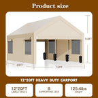 Nuturelly 12x20 FT Carport, Heavy Duty Carport Canopy with Roll-up Windows, Portable Garage with Removable Sidewalls & Doors, Car Canopy with All-Season PE Tarp for Car, Truck, Boat(Khaki)