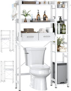 Over The Toilet Storage with 2 Drawers - 7 Tier Bathroom Organizer with Adjustable Shelf, Freestanding Space Saver Storage Rack Above Toilet Stand with 4 Hooks for Restroom, Laundry, White