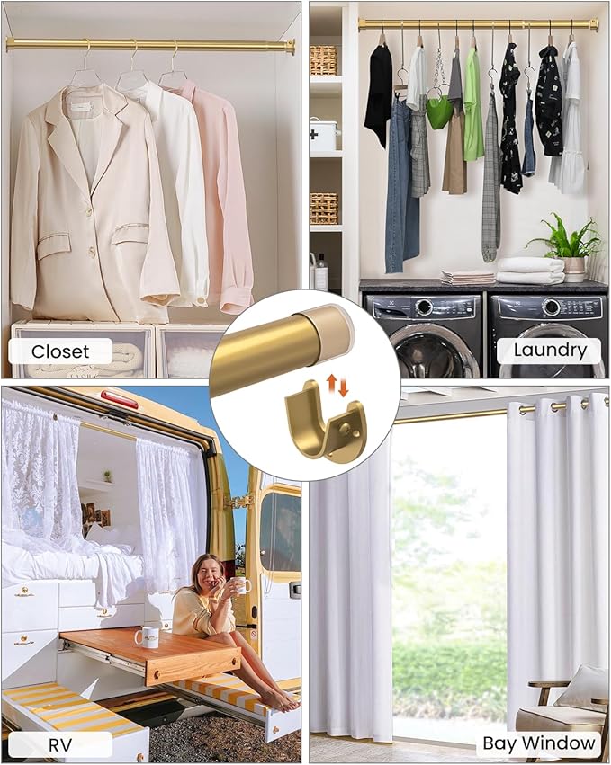 Closet Rods for Hanging Clothes, 17 to 28 Inches Stepless Adjustable Metal Closet Rod, 1.3 Inches Heavy Duty Clothes Hanging Rod for Closet Wardrobes Laundry RV, Golden
