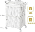 Chrislley 90L Slim Laundry Hamper with Wheels, Rolling Laundry Basket with Lid and Renovable Liner Bag, Handwoven Rattan Organizer for bedroom, bathroom, laundry room (White)