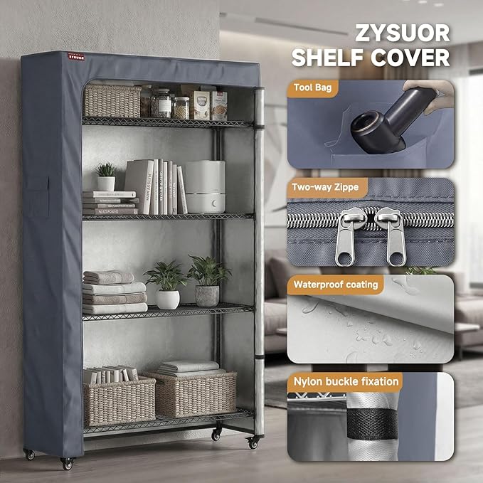 600D Wire Rack Cover 36" W x 18" D x 72" H, Waterproof Shelving Protector with Side Pocket & Nylon Buckle Fixation, 3-Way Opening Dustproof Storage Rack Cover for Garage & Basement