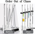 Black 5 Racks and 4 Hooks Mop and Broom Holder Wall Mount, Broom Organizer Storage Tool Racks Stainless Steel Heavy Duty Hooks Self Adhesive Solid Non-slip for Home Kitchen Garden Laundry Garage