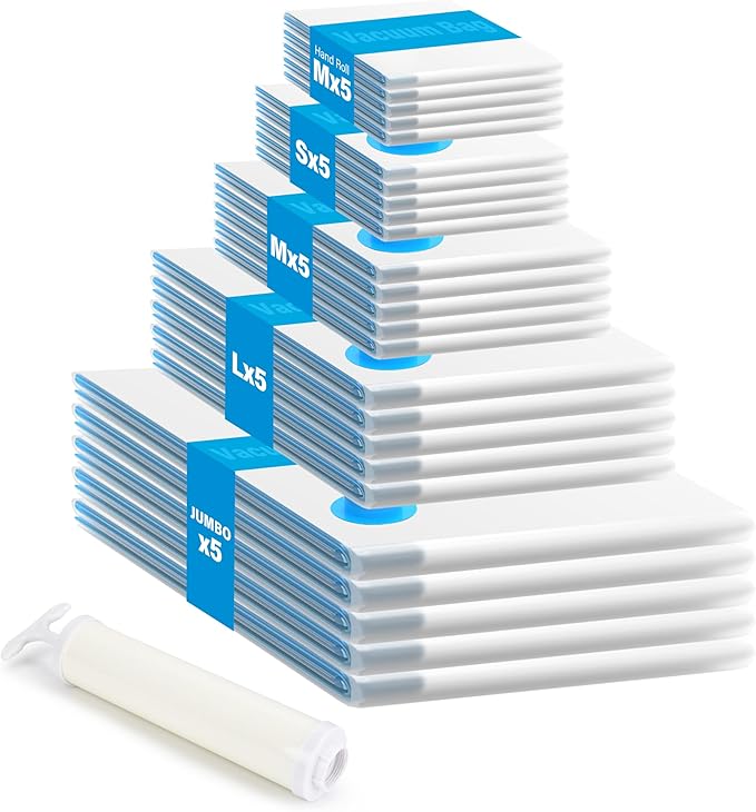 Simple Deluxe 25 Pack Space Saver Bags, Vacuum Storage Bags, Space Saver Bags for Comforters, Blankets, Bedding, Pillows and Clothes, Hand Pump Included(5 Jumbo/5 Large/5 Medium/5 Small/5 Roll M)