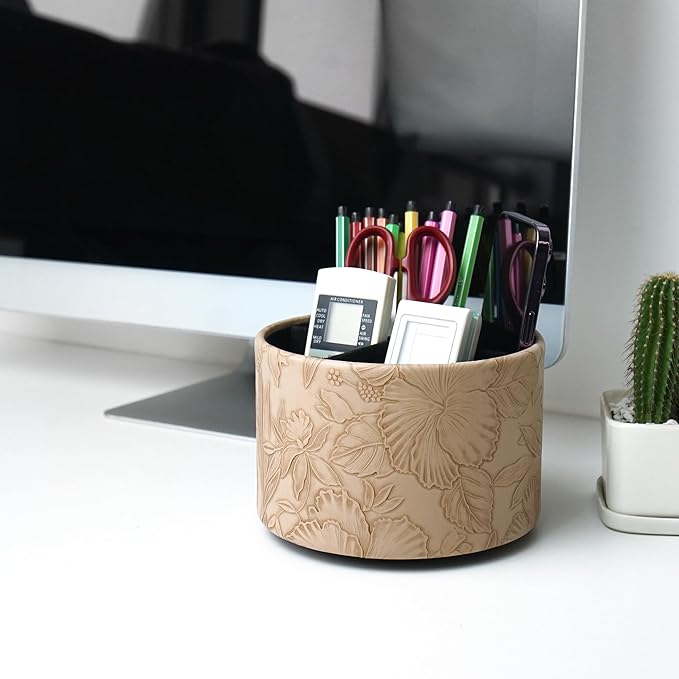 Hennaja Round Leather Art Supply Organizer,Remote Control Holder,360 Degree Spinning,Multi-Functional Pencil Holder,4 Compartments Desktop Stationary Organizer(1-Carved Light Brown)