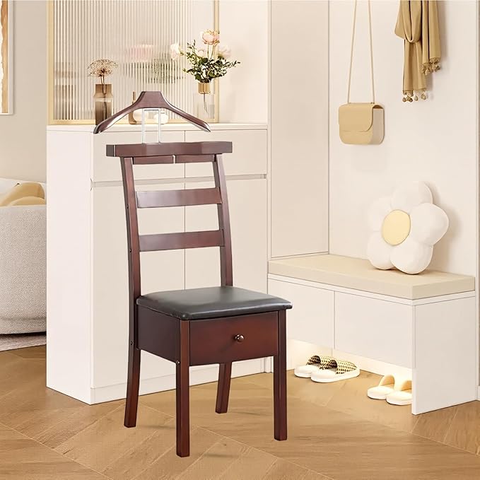 Wood Chair Valet Stand, With Hanger Trouser Bar, Top Storage Tray Wardrobe, With Large Drawer Clothing Rack, Men Women Floor Standing Suit Valet for Living Room, Entryway, Bedroom, Office