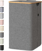 BALEINE Laundry Hamper with Lid, Tall Laundry Baskets with Bamboo Pull Handles, Large Laundry Bin with Internal Support (18 Gal/70L, Grey)