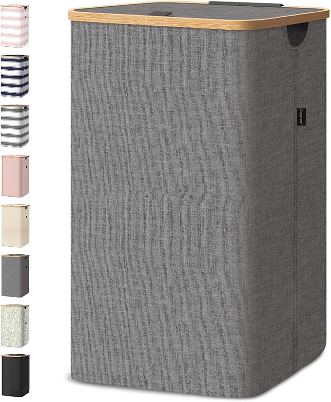 BALEINE Laundry Hamper with Lid, Tall Laundry Baskets with Bamboo Pull Handles, Large Laundry Bin with Internal Support (18 Gal/70L, Grey)