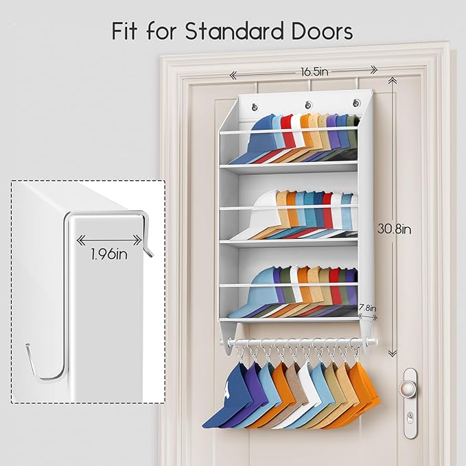 Over the Door Hat Rack - 3-Layer Design Hat Organizer Holds 30-36 Hats with 10 Hooks, Ideal Hat Rack for Door, Over the Door Organizer for Closet, Apartment, Bedroom, Dorm, 2 Pack, White