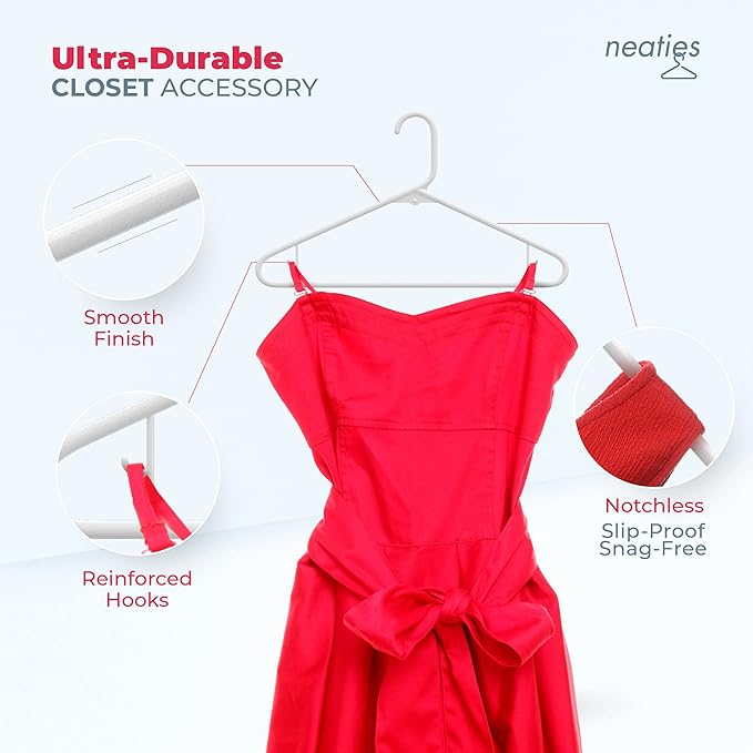 Neaties Plastic Hangers 20 Pack - Made in the USA - 6lb Capacity Standard Clothes Hangers with Strap Hooks for Dresses, Lingerie, Shirts, Pants, and Jackets - White & Rose