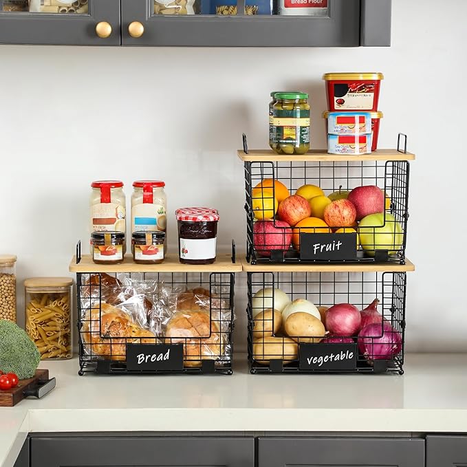 2 Set XL Stackable Wire Basket with Bamboo Tops & Tags- Pantry Organizer and Storage Bins, Kitchen Counter Cabinet Shelf Countertop Under Sink Organizing, Food Snack Produce Onion Potato Bread Storage