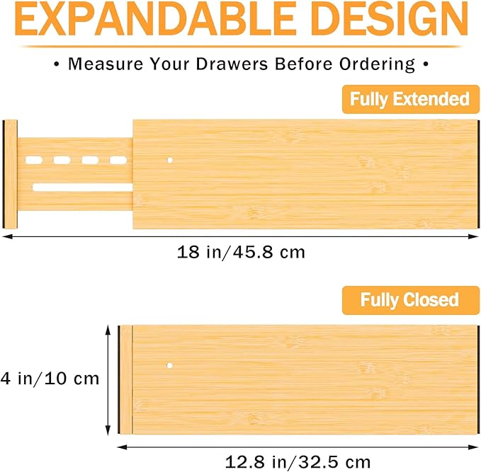 Bamboo Drawer Dividers 4" High, 12.8-18" Adjustable Drawer Organizers for Clothes,Expandable Dresser Separators in Bedroom/Kitchen/Bathroom/Office Organization and Storage,6 Pack