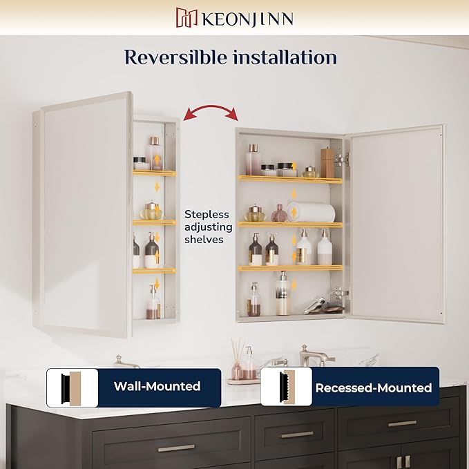 Keonjinn Brushed Nickel Medicine Cabinet Mirror 24" x 32", Assembly Needed, Recessed Medicine Cabinet with Mirror for Bathroom, Beveled Framed, Surface Wall-Mounted or Recessed, Tempered Glass