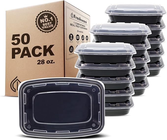 Freshware Meal Prep Containers [50 Pack] 1 Compartment with Lids, Food Storage Containers, Bento Box, BPA Free, Stackable, Microwave/Dishwasher/Freezer Safe (28 oz)