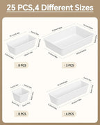 25 PCS Plastic Drawer Organizers Set, 4 Sizes Vanity Organizer, Makeup and Desk Drawer Organizer Trays, Organization and Storage for Makeup, Bathroom, Kitchen Utensils and Office (White)