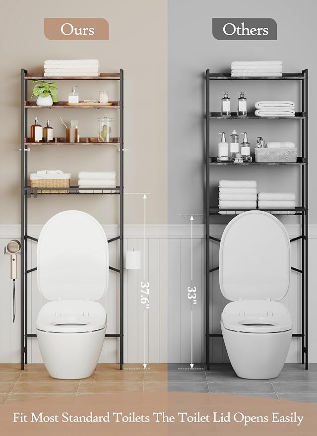 4 Tier Over The Toilet Storage Shelf with 3 Adjustable Shelves, Space Saver Bathroom Organizer with 4 Hooks, Freestanding Above Toilet Rack for Restroom Laundry (Brown)