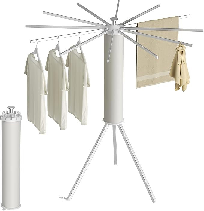 Tripod Clothes Drying Rack, Garment Rack Portable and Foldable Space Saving Laundry Drying Rack - Dryer Rack Clothing Floor Folding Balcony Bedroom Household (Silver(Aluminum), 12 rods)