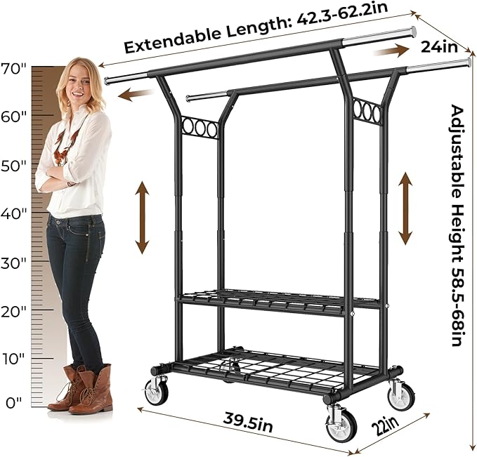 Heavy Duty Clothes Rack, Rolling Clothing Rack With Shelves Load 620 LBS, Double Rod Clothing Racks for Hanging Clothes, Portable& Adjustable Clothes Rack with Wheels,Black
