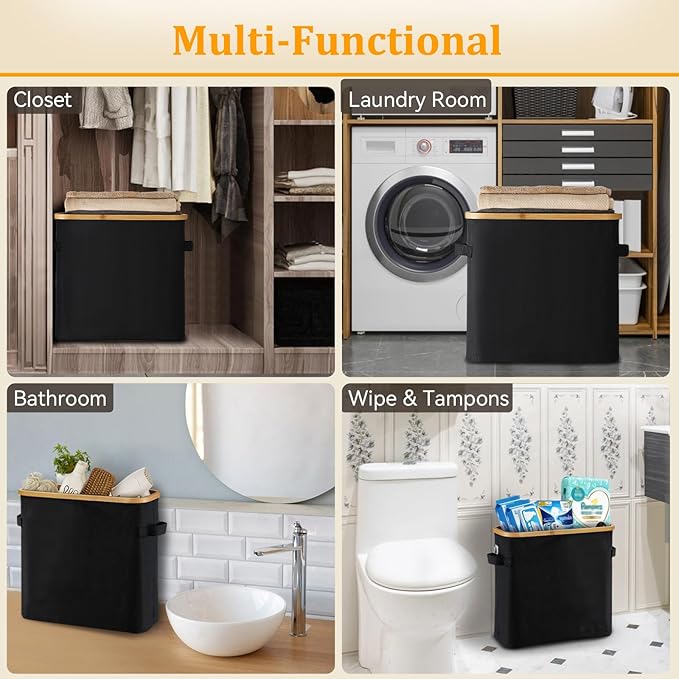 Toilet Paper Storage Basket with Lid for Mega Rolls, Large Bamboo Toilet Paper Organizer Holder Stand for Bathroom, Enclosed Tissue Storage Bin Box Container Free Standing, Black