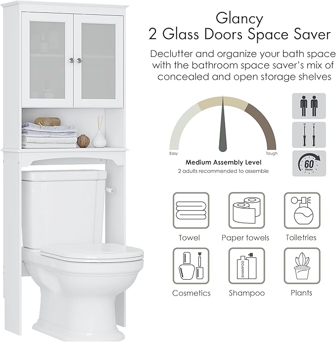 Spirich Over The Toilet Storage Cabinet, Above Toilet Storage Shelf with Glass Doors, Behind Toilet Bathroom Organizer, White