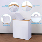 efluky Laundry Hamper with Lid, Double Laundry Hamper with 2 Removable Bags, 2 Section Laundry Basket with Bamboo Handles for Bathroom, Bedroom & Laundry Room -White
