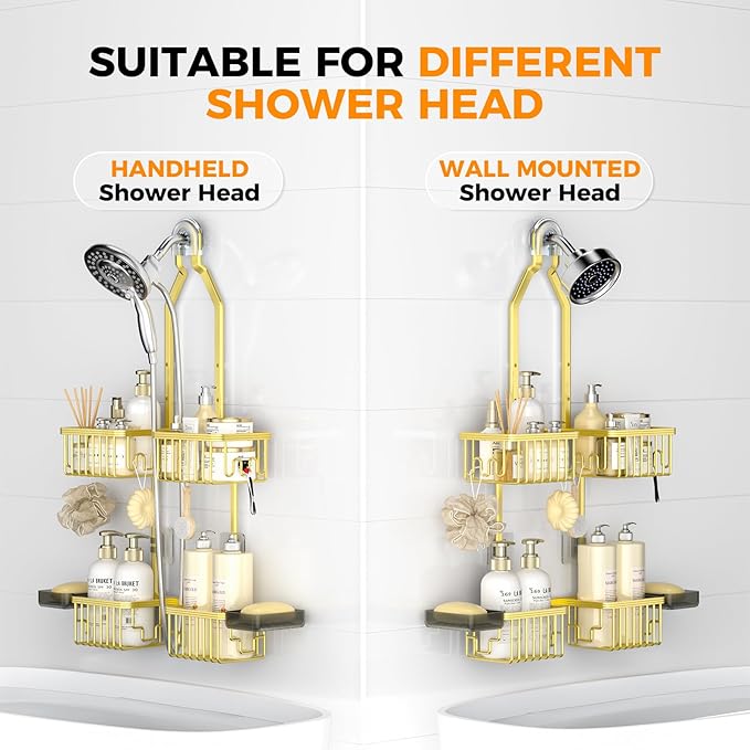 REINHARDT Aluminum Shower Caddy Hanging Adjustable Shower Caddy, Rustproof Hanging Shower Organizer with Hooks Soap Holders, Over Shower Head Caddy for Handheld Showerhead, Gold