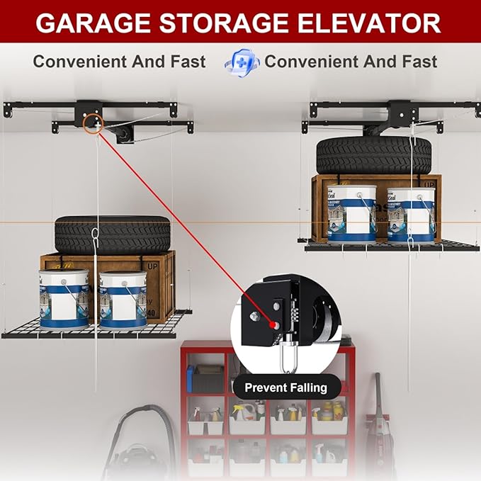 Garage Storage Lift,Overhead Garage Storage Rack,4x4 FT Ceiling Storage Racks for 10-12 FT, 250LBS Capacity All-Steel Construction with Safety Lock (4 * 4)
