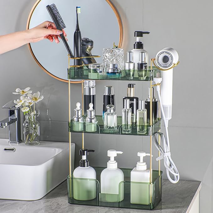 3 Tier Bathroom Organizer Countertop Makeup Perfume Tray Skincare Organizer Comes with Hair Dryer Rack and Toothbrush Holder for Bathroom Dresser Vanity (Green)