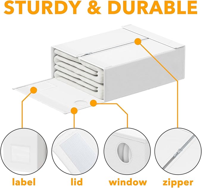 SpaceAid 4 Pack Bed Sheet Organizers and Storage, Foldable Sheet Organizer for Linen Closet, Sheets Set Folder Keeper with Window XL (Queen & King Size) Organizing Bedding Container, White