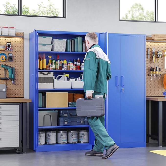 Letaya Metal Garage Storage Cabinets with Lock Door and Adjustable Shelves, Steel Tool Cabinets for Home,Office,Warehouse Organisieren (Blue)