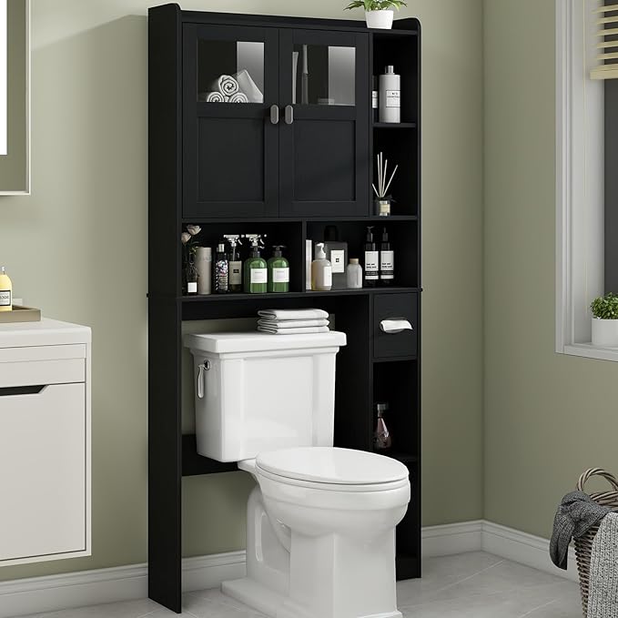 Vabches Over The Toilet Storage Cabinet, Bathroom Shelf Over Toilet with Glass Doors and Adjustable Shelves, Black Freestanding Home Space Save Toilet Rack, for Restroom, Bathroom, Laundry
