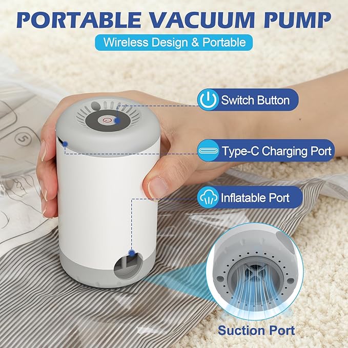 Travel Vacuum Storage Bags with Rechargeable Air Pump, 18 Pack Portable Space Saver Bags, Compression Bags for Clothing, Bedding, Seasonal Storage & Packing Bags for Moving
