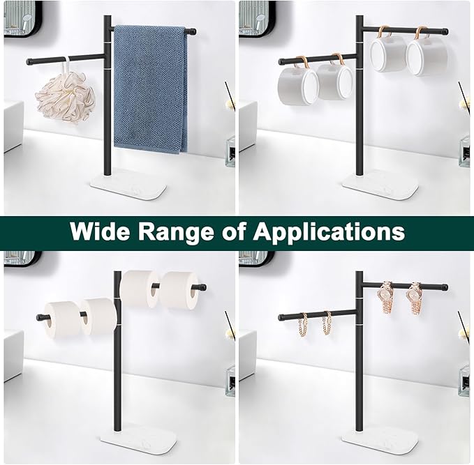 Hand Towel Holder, F-Shape Hand Towel Stand with Marble Base, Stainless Steel Swivel Hand Towel Rack Bar Standing for Bathroom Kitchen Countertop, 2 Arms (Matte Black)