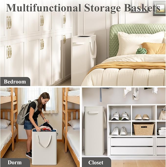 50L Baby Laundry Hamper for Nursery, Slim Laundry Hampery with Handles, Narrow Laundry Basket for Dorm, Bedroom, Living Room, Collapsible Laundry Basket, White