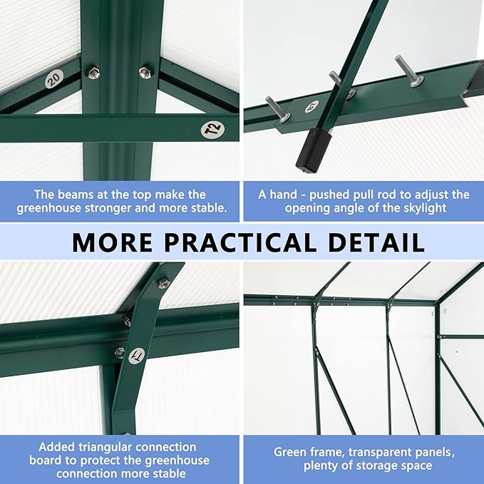 6X10FT Greenhouse for Outdoor, Polycarbonate Greenhouse with Raised Base and Anchor, Heavy-Duty Walk-in Green House with Adjustable Roof Vent and Gutter System for Patio,Backyard (Green, 6X10FT)