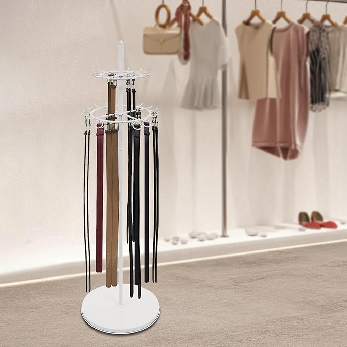 Belt Display Stand with 31 Hooks – White Steel Double-Tier Tie & Scarf Organizer, 66.1" Tall, Heavy Duty Rotating Rack for Belts, Ties, Scarves, Home, Closet, Boutique, Clothing Store